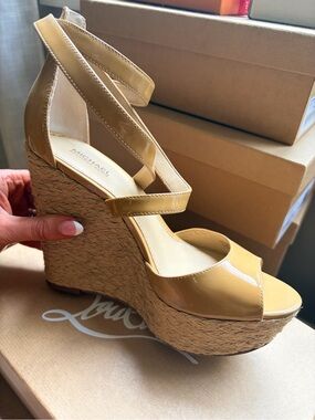 Michael Kors Patent Leather Espadrille Wedge Sandals in Mustard Tan.